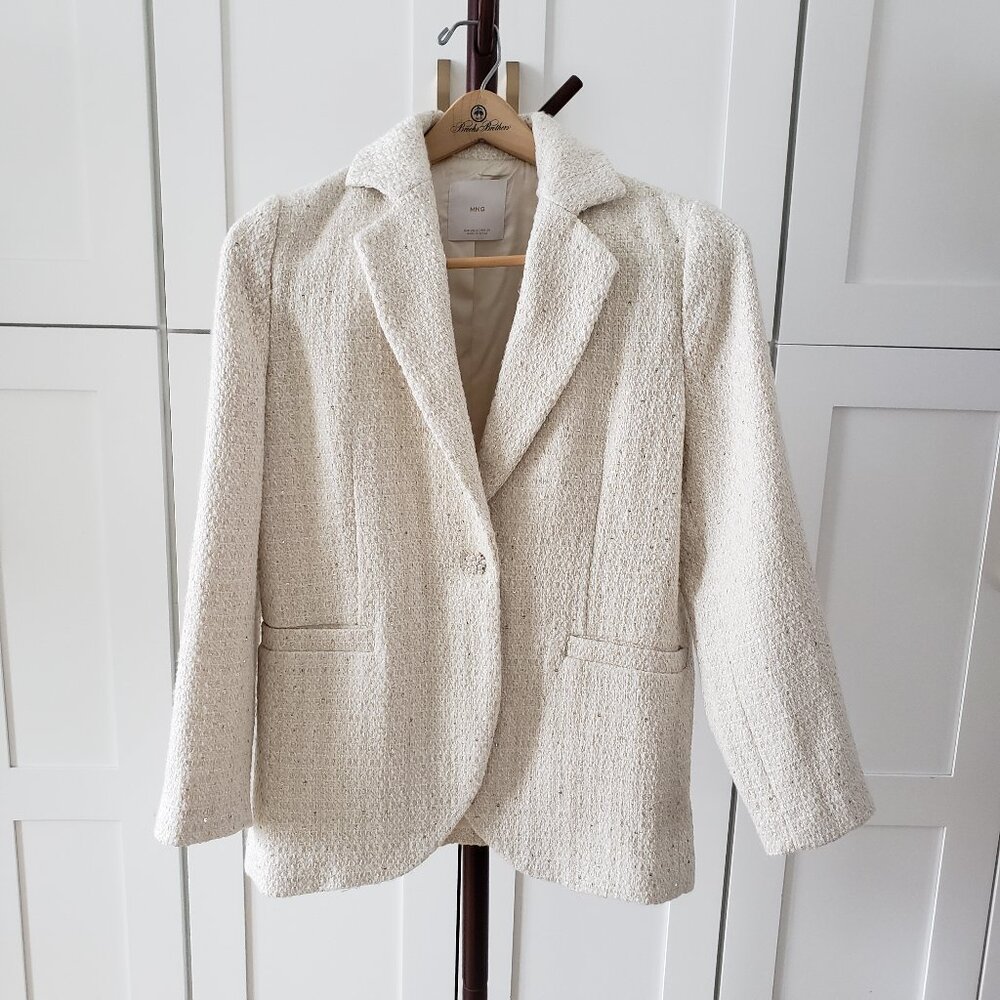 Mango Tweed Blazer Women Size S White Sequin Pearl Button Elegant Office Wear